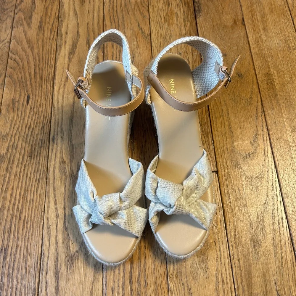 Nine West Jolly Cream Espadrille Wedge Sandals Knotted Bow Ankle Strap 9.5M
